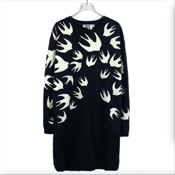 013025 Alexander McQueen Swallow Print Black Crewneck Cotton Pullover Dress Size